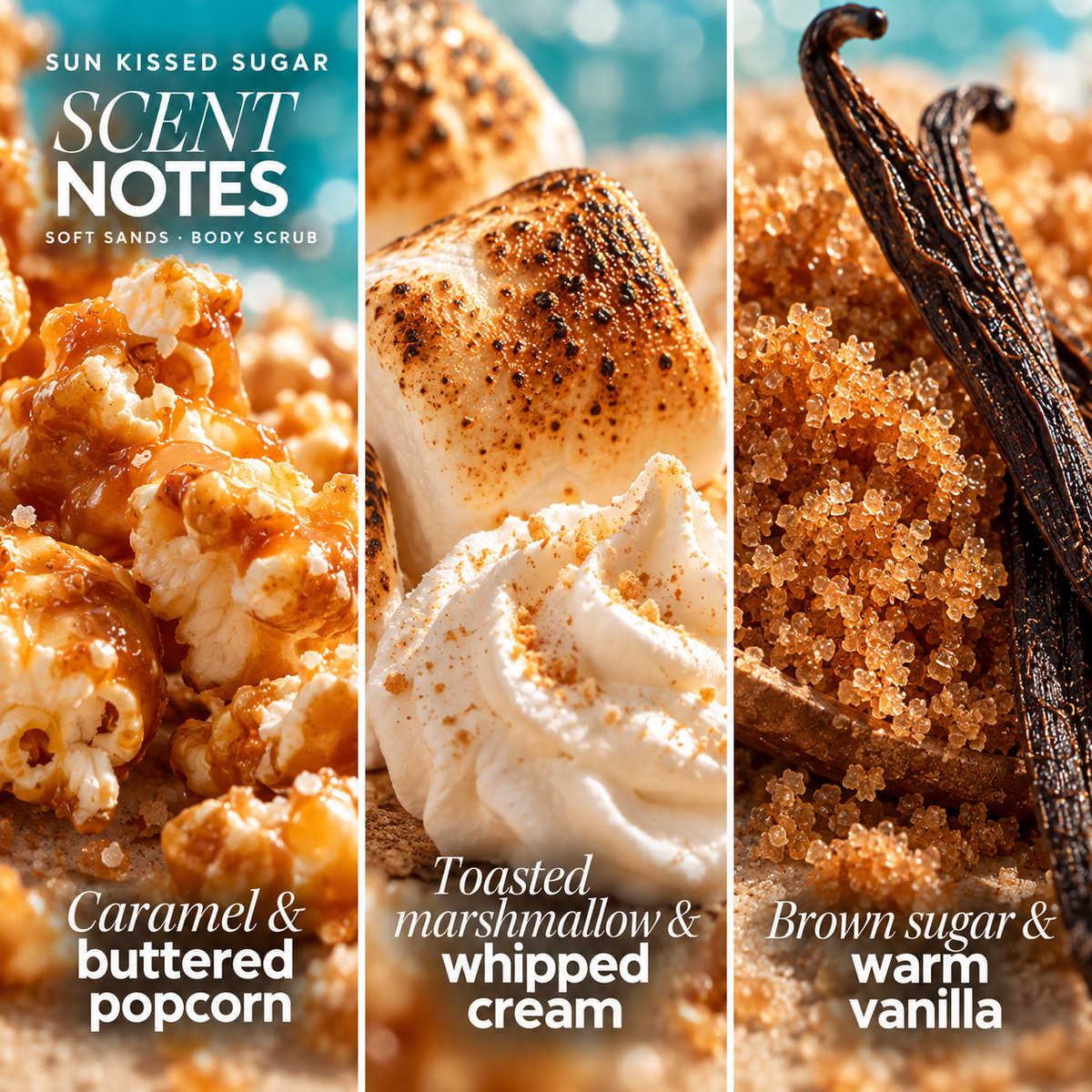 Sun Kissed Sugar body scrub scent notes: caramel and buttered popcorn; toasted marshmallow and whipped cream; brown sugar and warm vanilla.