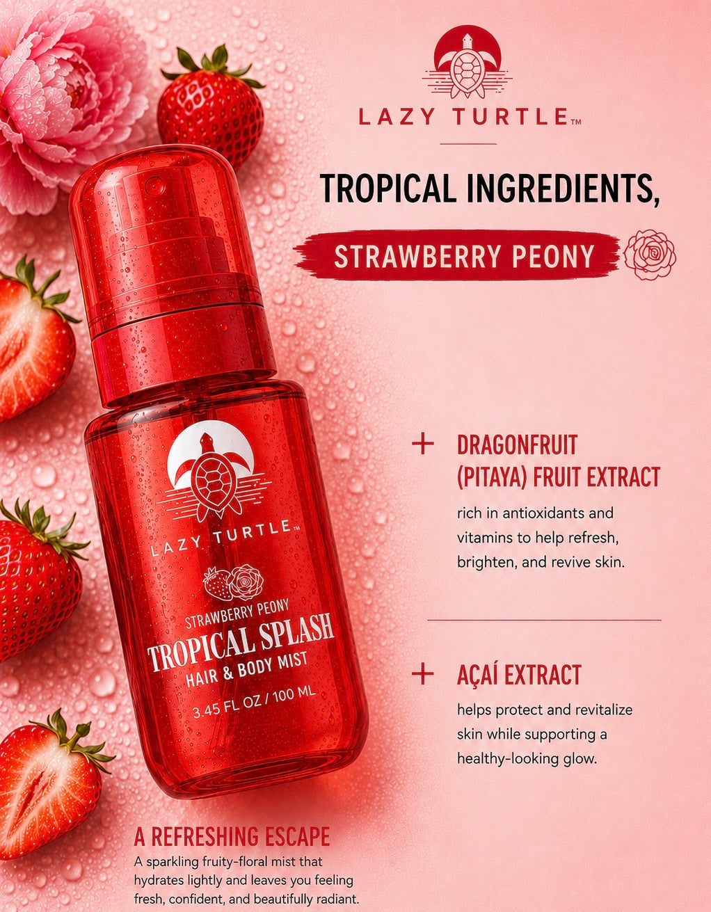 Strawberry Peony mist ingredient graphic featuring dragonfruit (pitaya) fruit extract and acai extract.