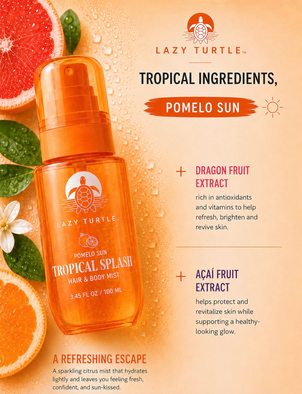 Pomelo Sun mist ingredient graphic featuring dragon fruit extract and acai fruit extract.