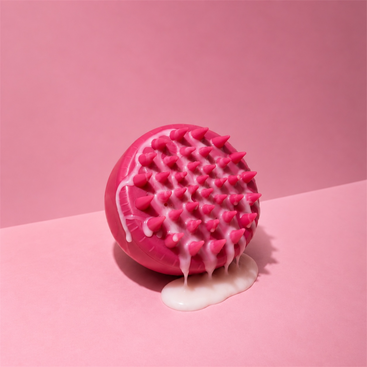 Pink silicone scalp brush with pointed bristles and white lather against a pink background.