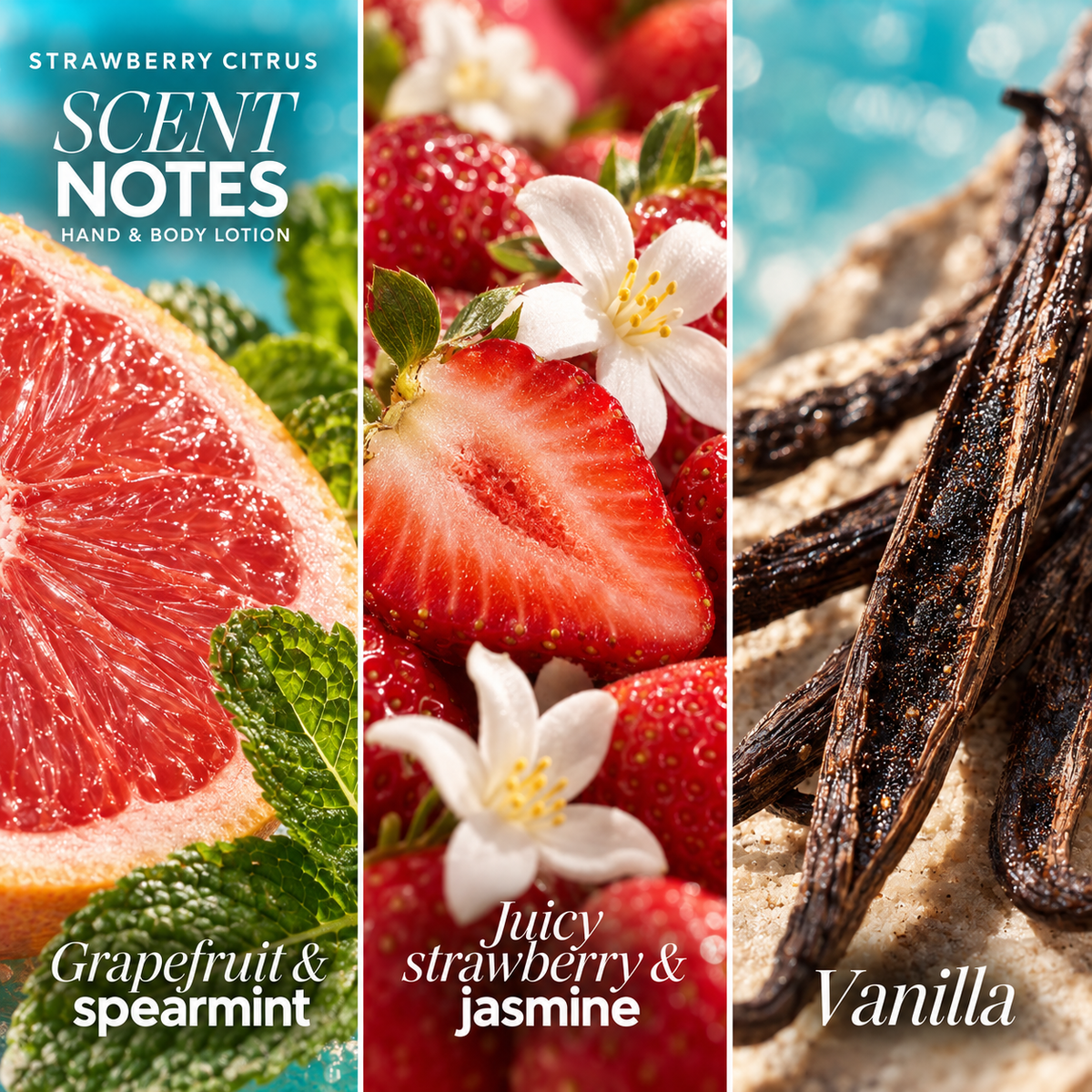 Strawberry Citrus lotion scent notes: grapefruit and spearmint; juicy strawberry and jasmine; vanilla.
