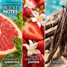 Strawberry Citrus lotion scent notes: grapefruit and spearmint; juicy strawberry and jasmine; vanilla.