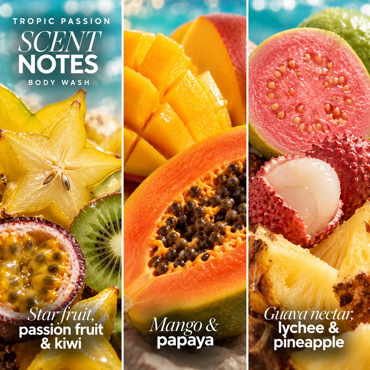 Tropic Passion body wash scent notes: star fruit, passion fruit and kiwi; mango and papaya; guava nectar, lychee and pineapple.