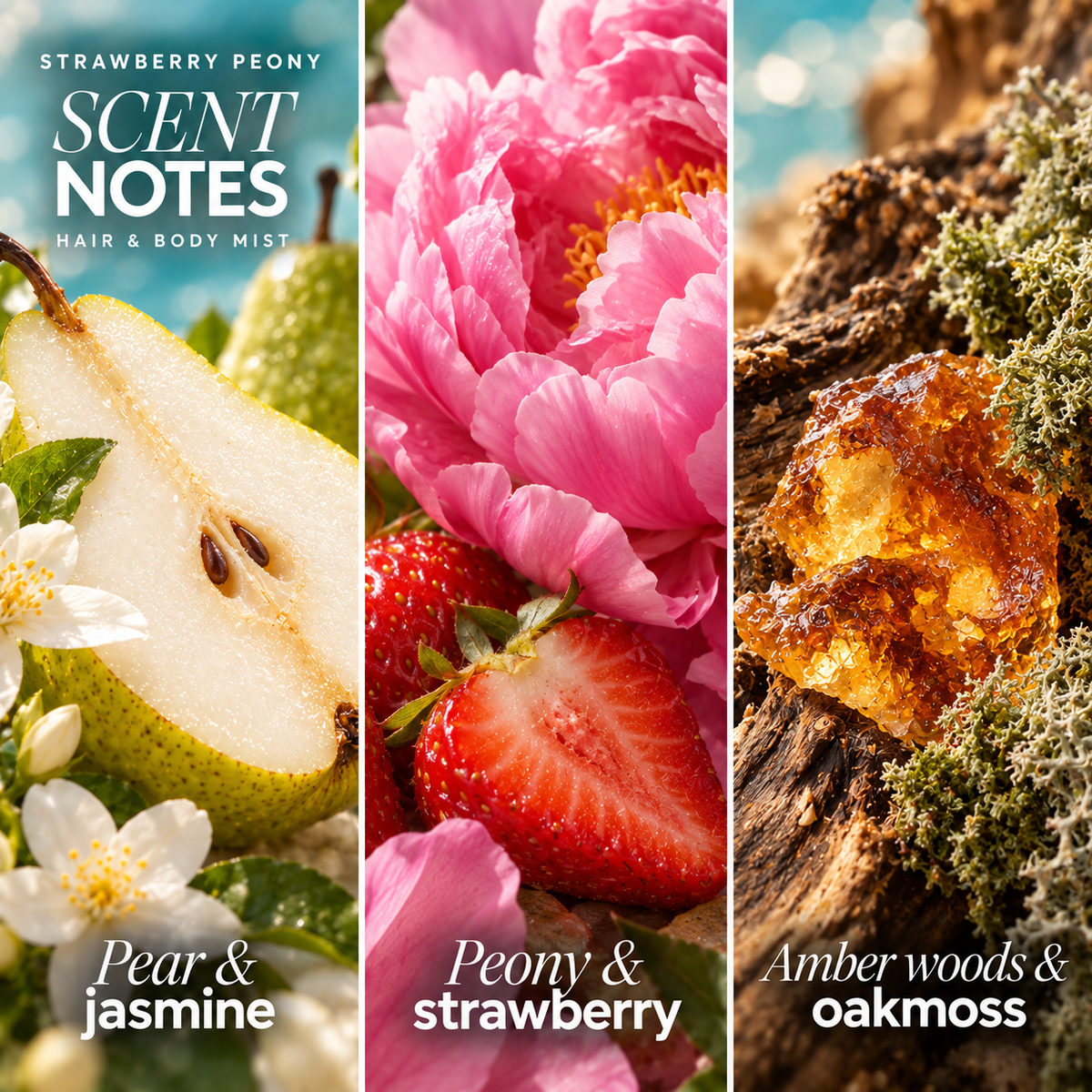 Strawberry Peony mist scent notes: pear and jasmine; peony and strawberry; amber woods and oakmoss.