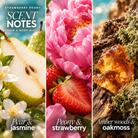 Strawberry Peony mist scent notes: pear and jasmine; peony and strawberry; amber woods and oakmoss.