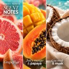 Mango Papaya shampoo scent notes: grapefruit; juicy mango and papaya; coconut and musk.