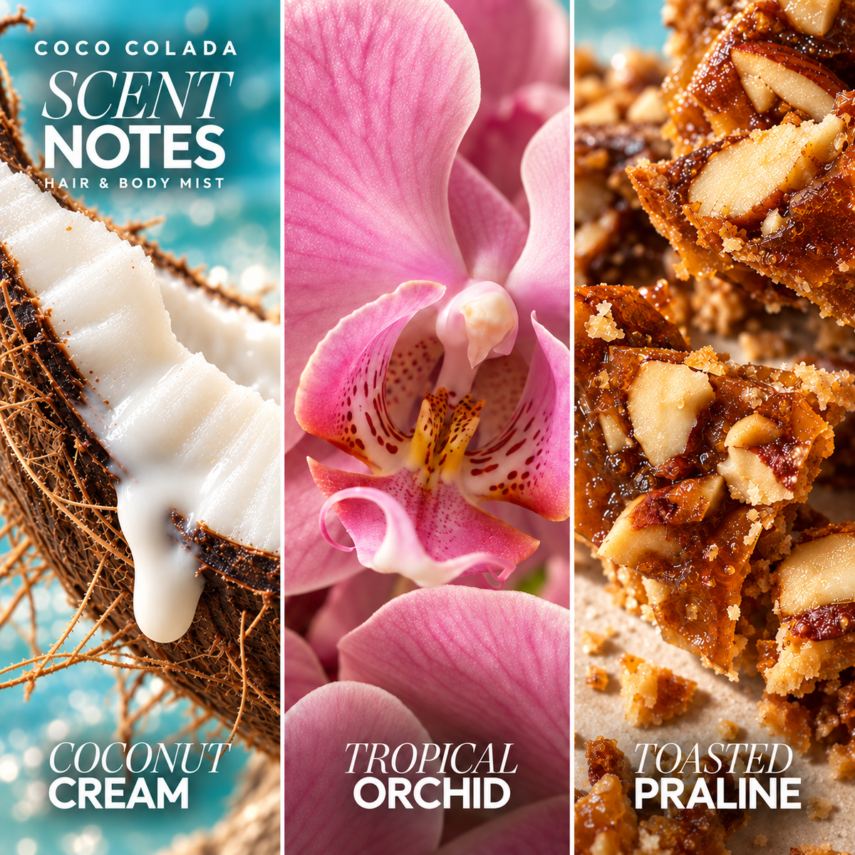 Coco Colada mist scent notes: coconut cream, tropical orchid and toasted praline.