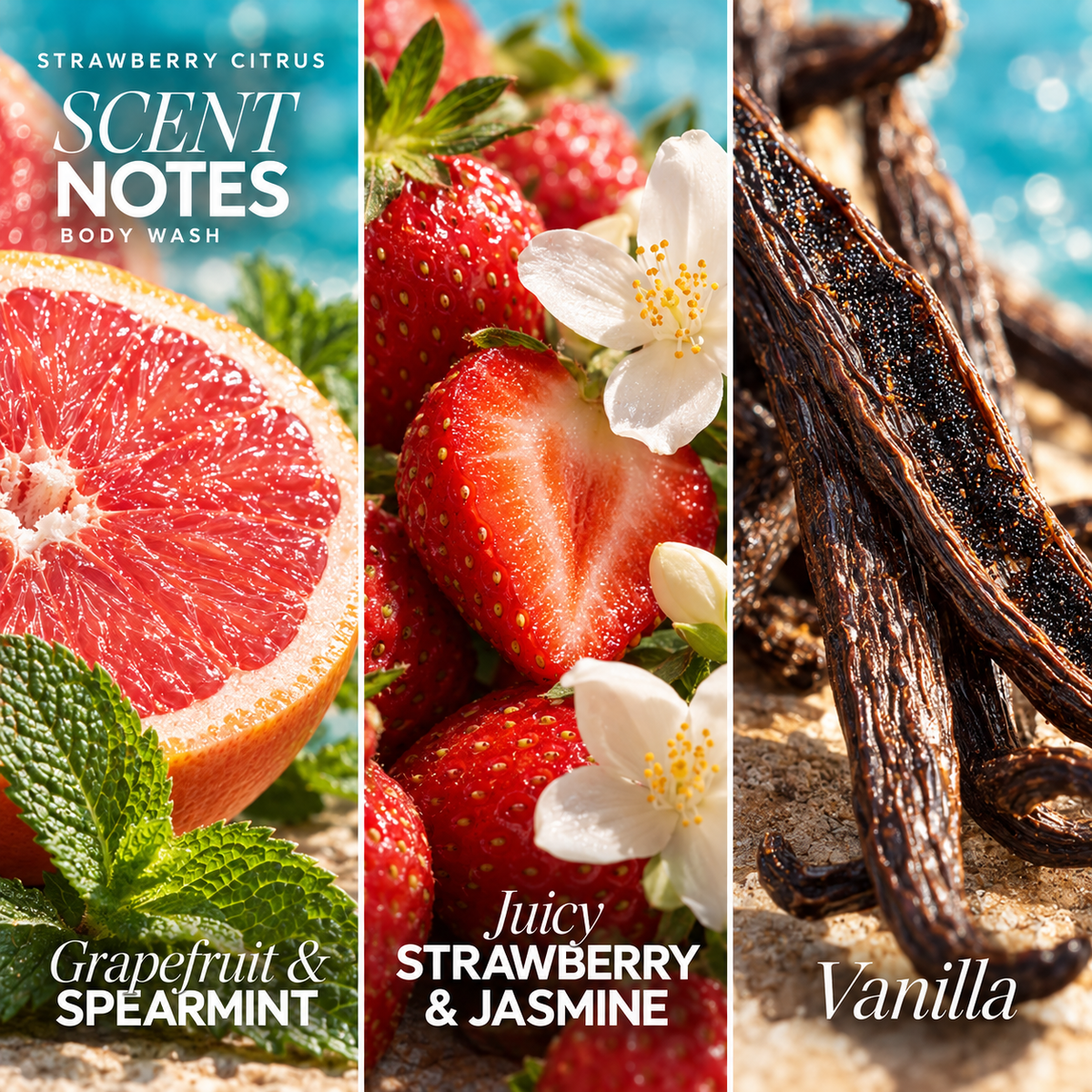 Strawberry Citrus body wash scent notes: grapefruit and spearmint; juicy strawberry and jasmine; vanilla.