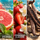 Strawberry Citrus body wash scent notes: grapefruit and spearmint; juicy strawberry and jasmine; vanilla.