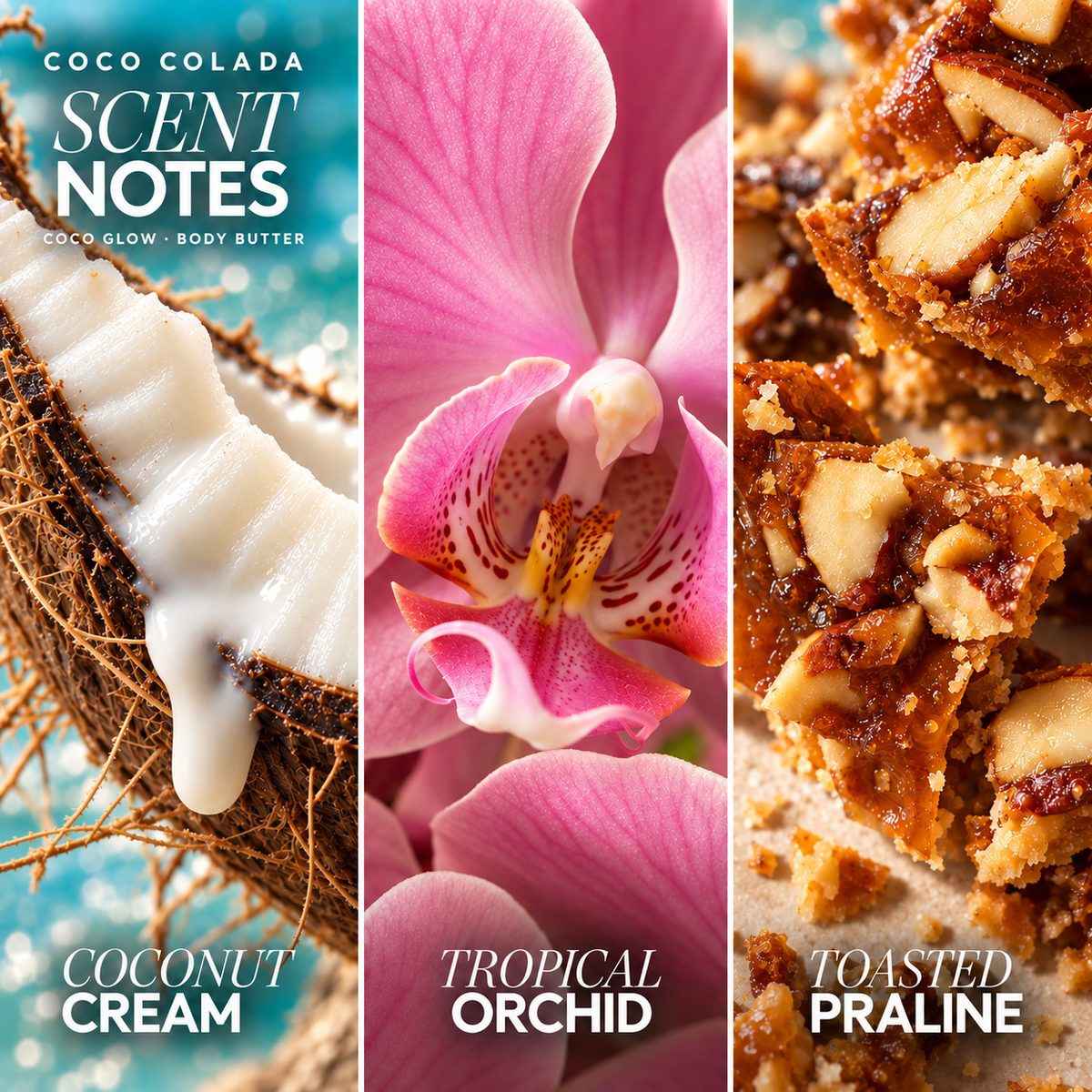 Coco Colada body butter scent notes: coconut cream, tropical orchid and toasted praline.
