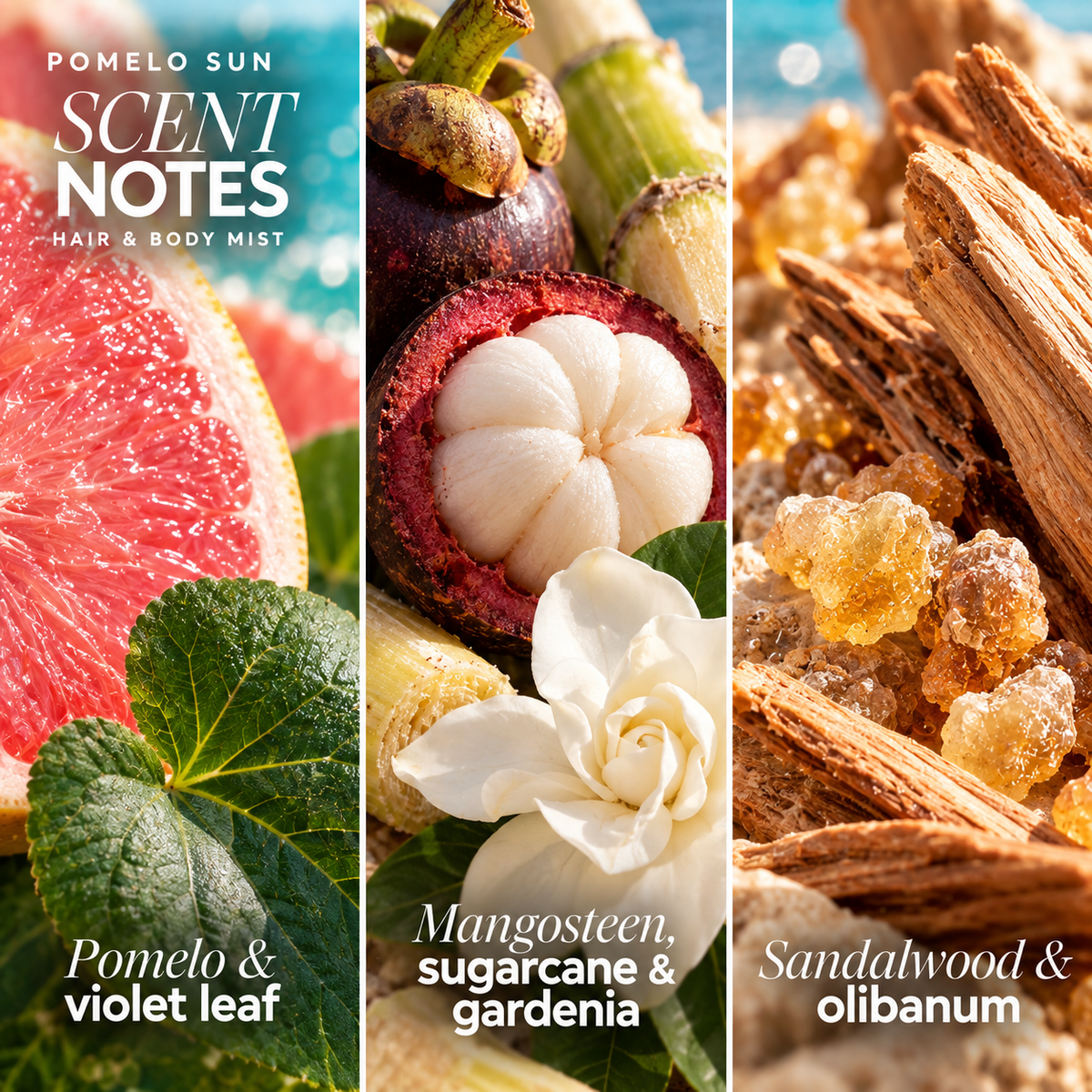 Pomelo Sun mist scent notes: pomelo and violet leaf; mangosteen, sugarcane and gardenia; sandalwood and olibanum.